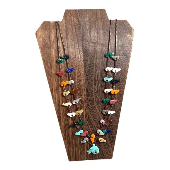 Vintage Zuni Double Strand Bird Fetish Turquoise Bear Necklace Multi-Stone 28" - Picture 2 of 12